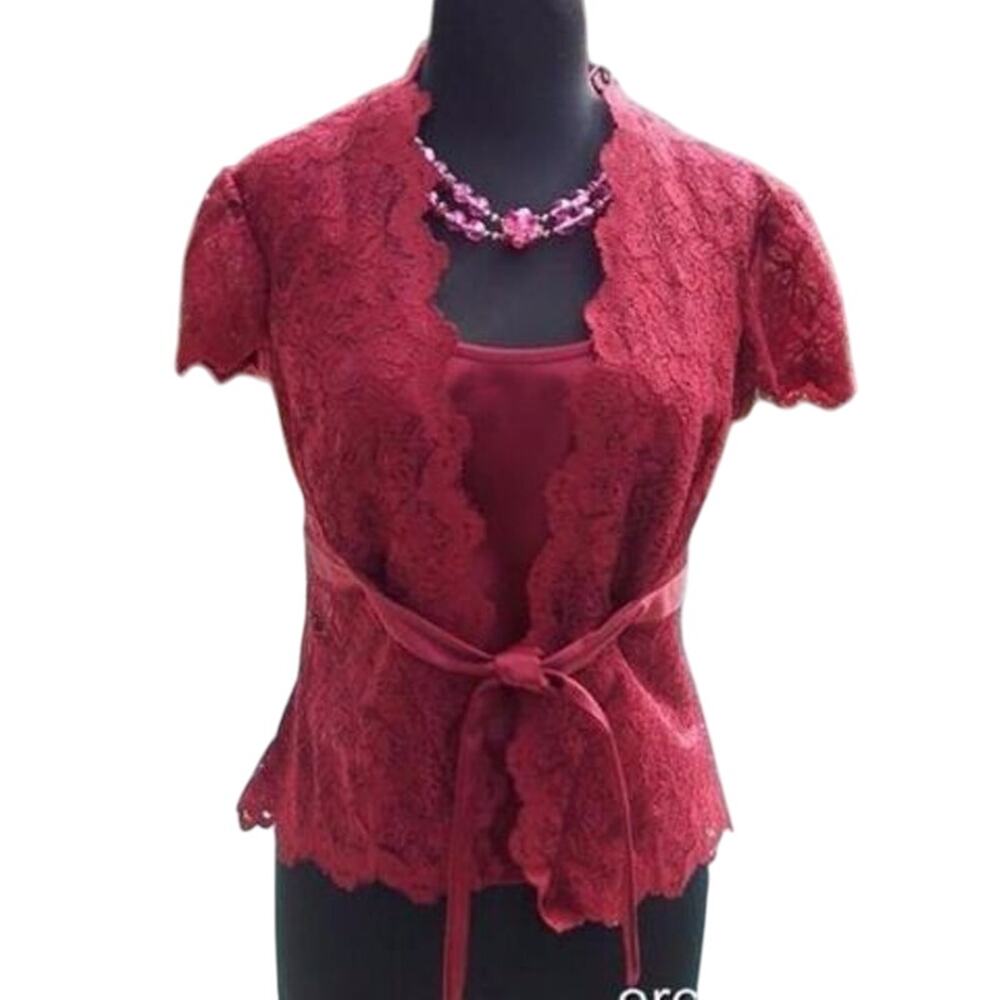 Cache Sheer Lace Outer Lot 2 Satin Cami Top Jacket Self Belt $158 Scarlett Red